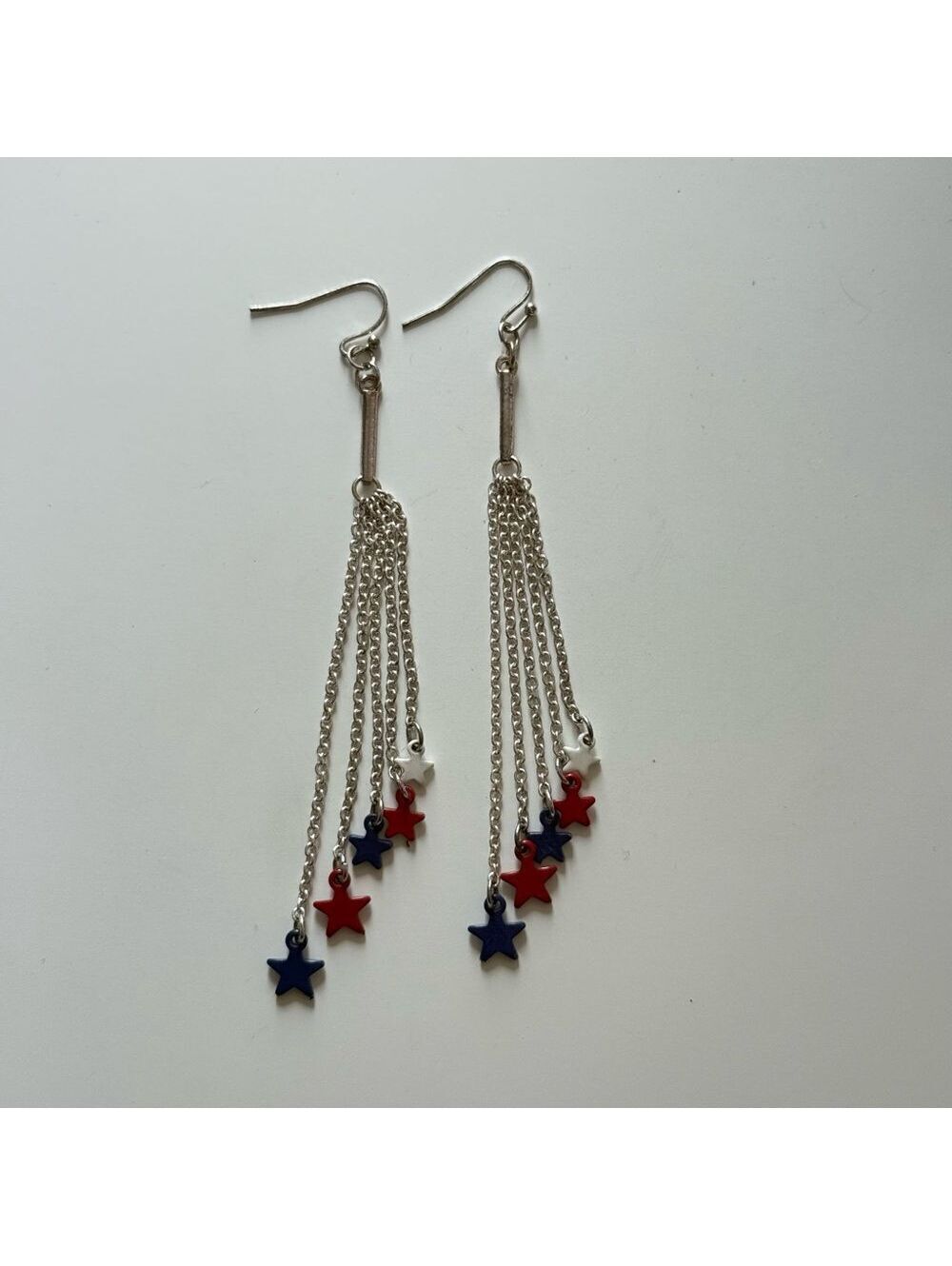 Silver Tone Star Charm Dangle Earrings Red White Blue Patriotic 4th of July